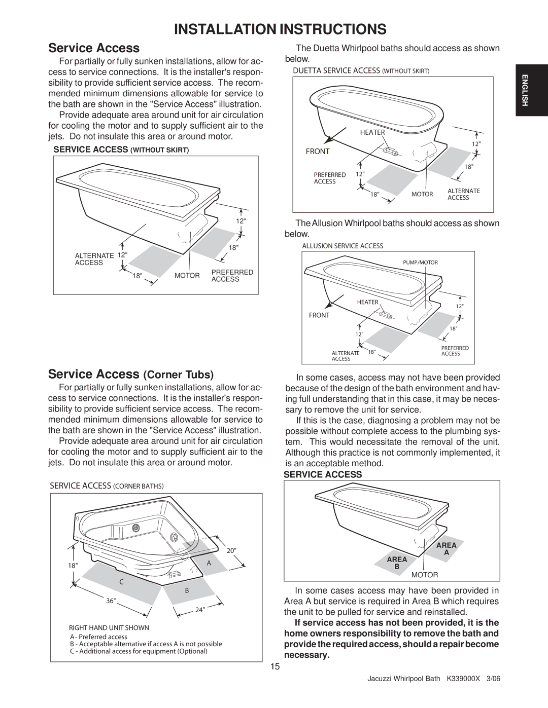 Jacuzzi K339000X manual Service Access Corner Tubs 