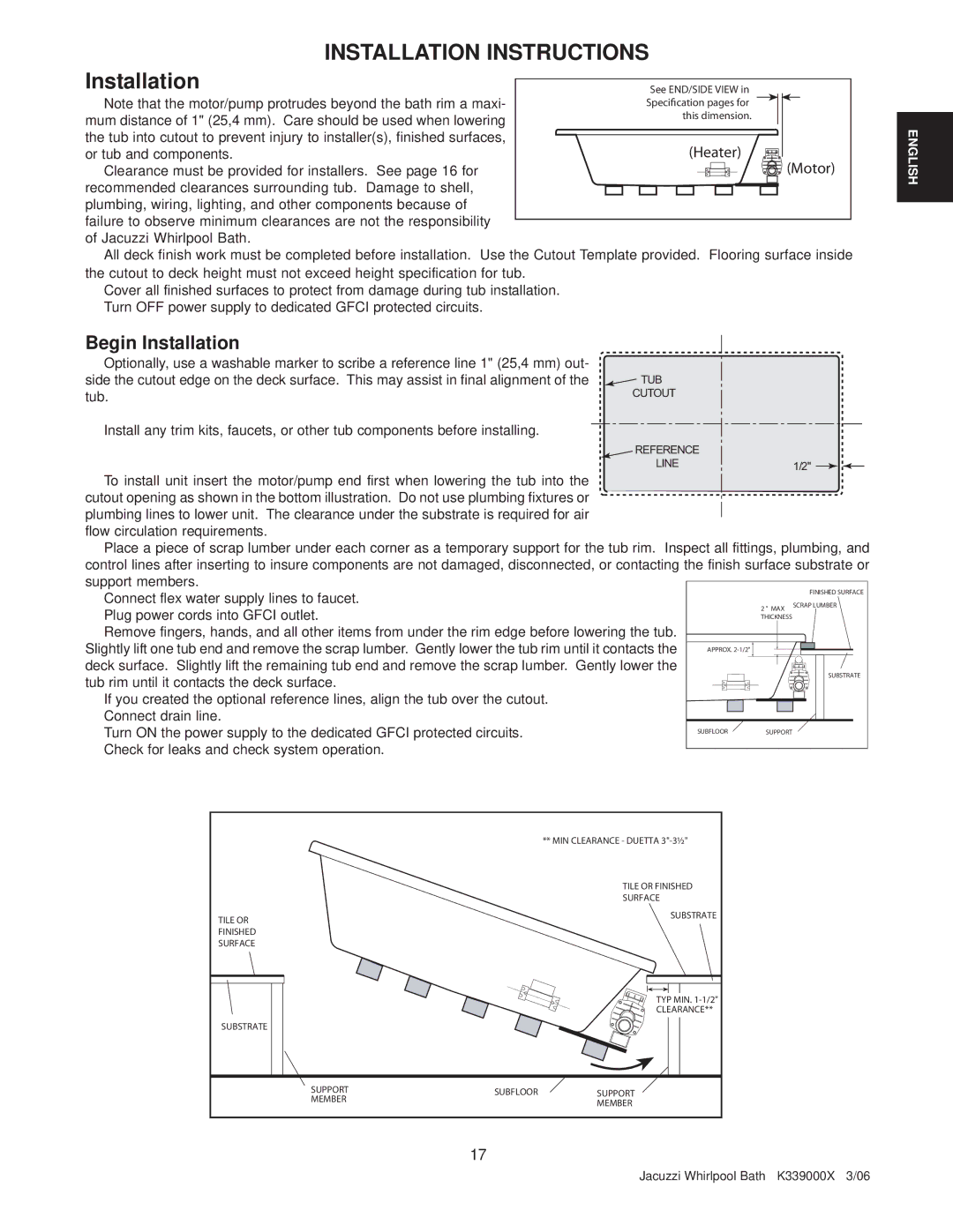 Jacuzzi K339000X manual Installation Instructions, Begin Installation 