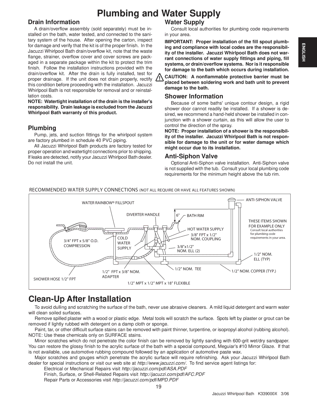 Jacuzzi K339000X manual Drain Information, Plumbing, Water Supply, Shower Information, Anti-Siphon Valve 