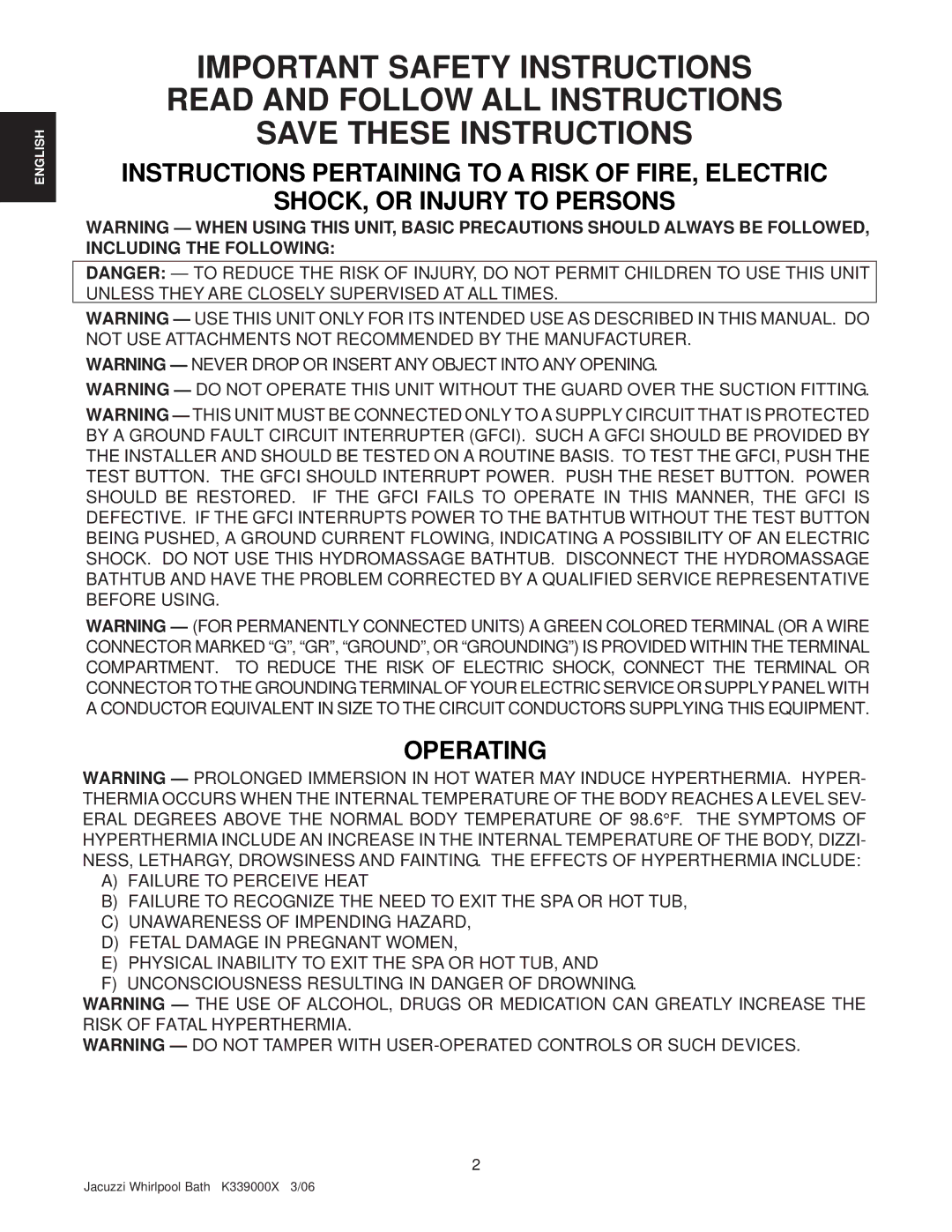 Jacuzzi K339000X manual English 