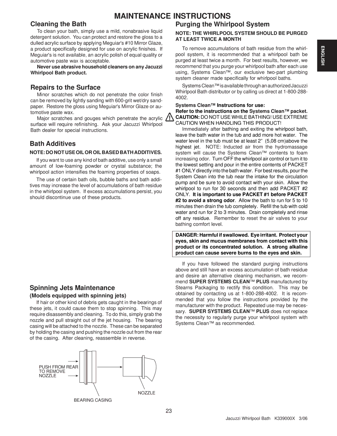 Jacuzzi K339000X manual Maintenance Instructions 