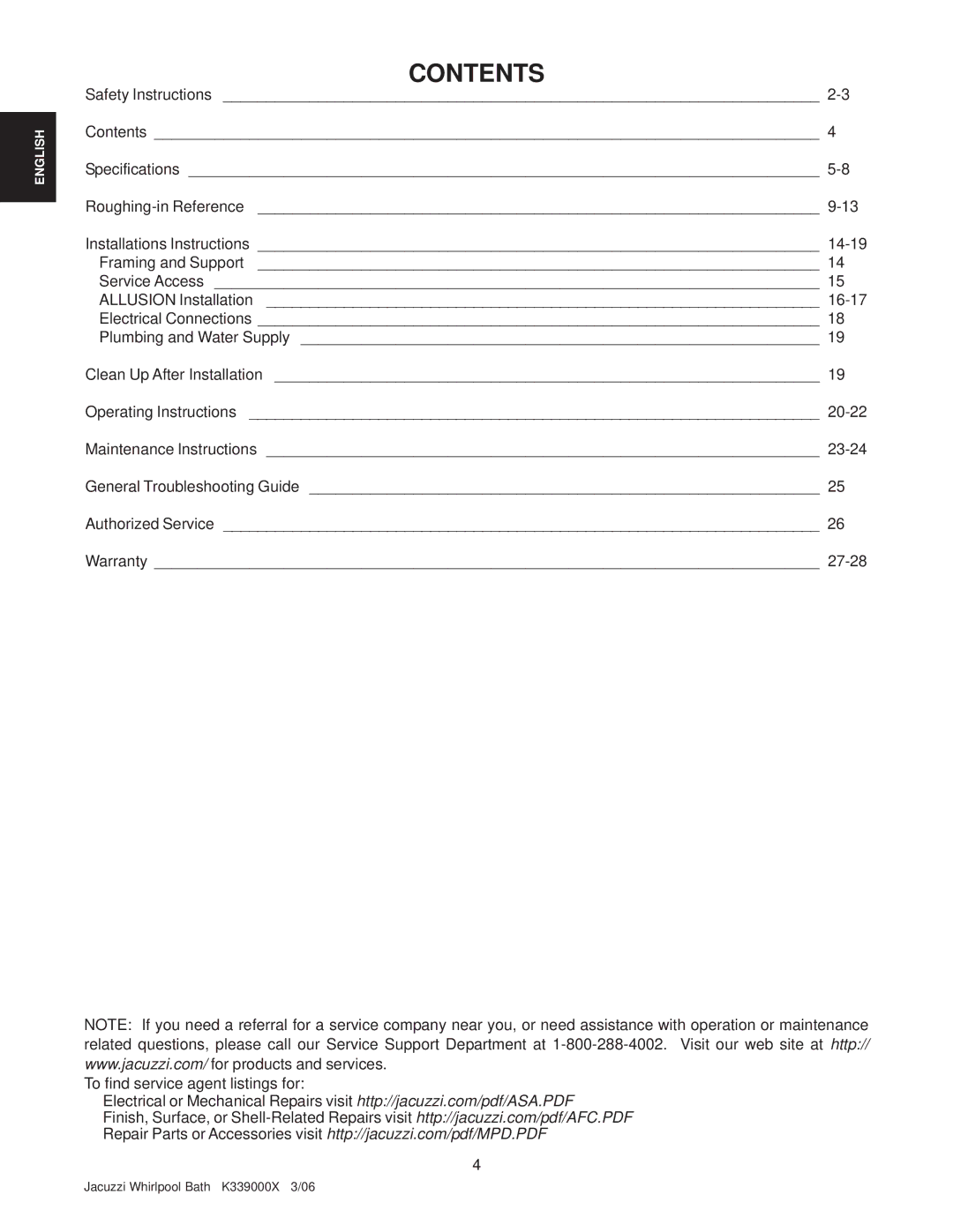 Jacuzzi K339000X manual Contents 