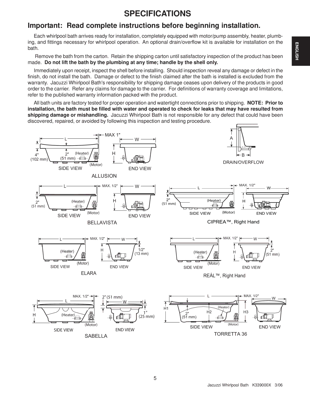 Jacuzzi K339000X manual Specifications 