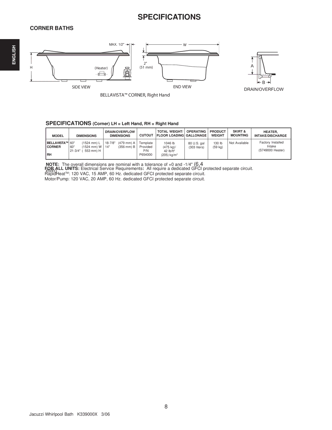 Jacuzzi K339000X manual Corner Baths, Bellavista CORNER, Right Hand 