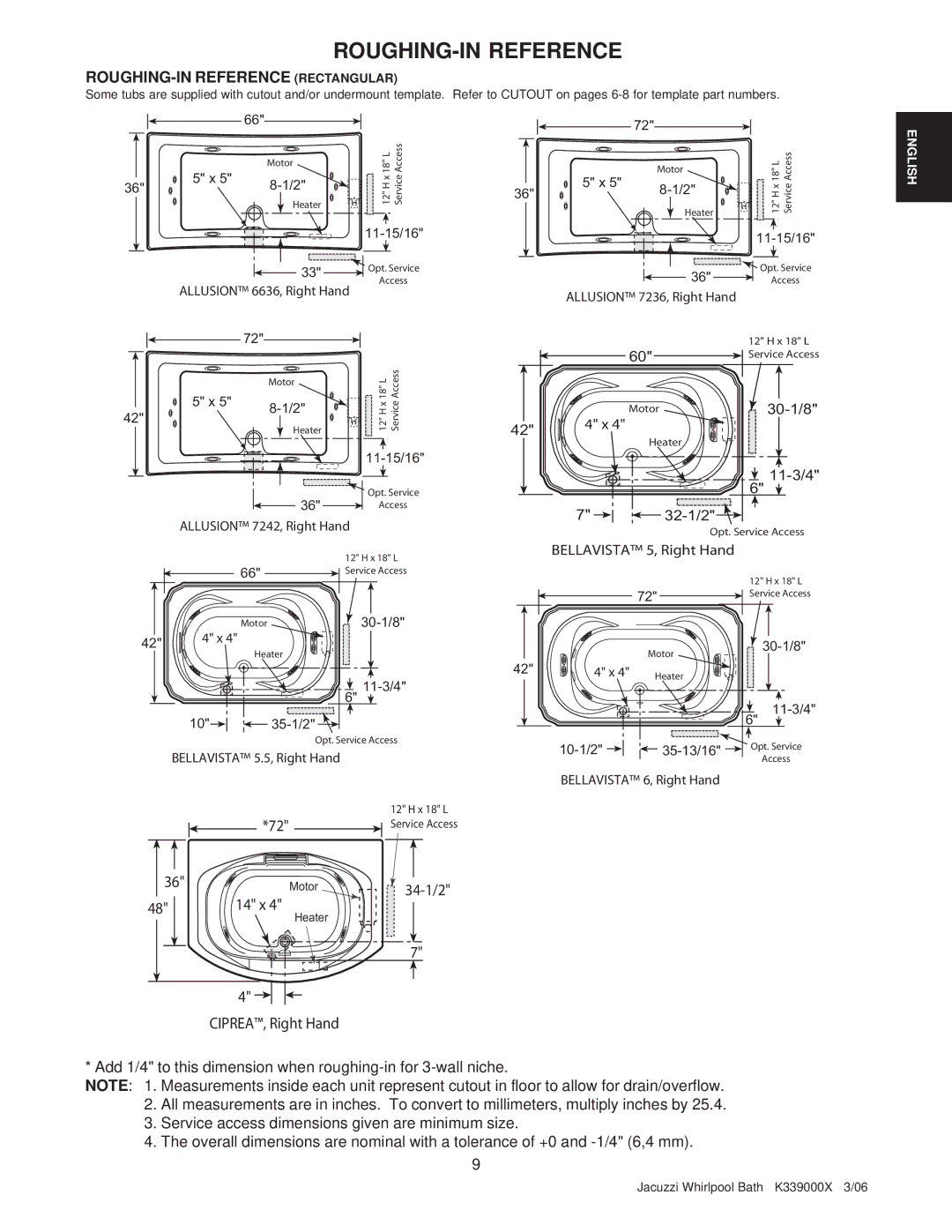 Jacuzzi K339000X manual ROUGHING-IN Reference Rectangular 