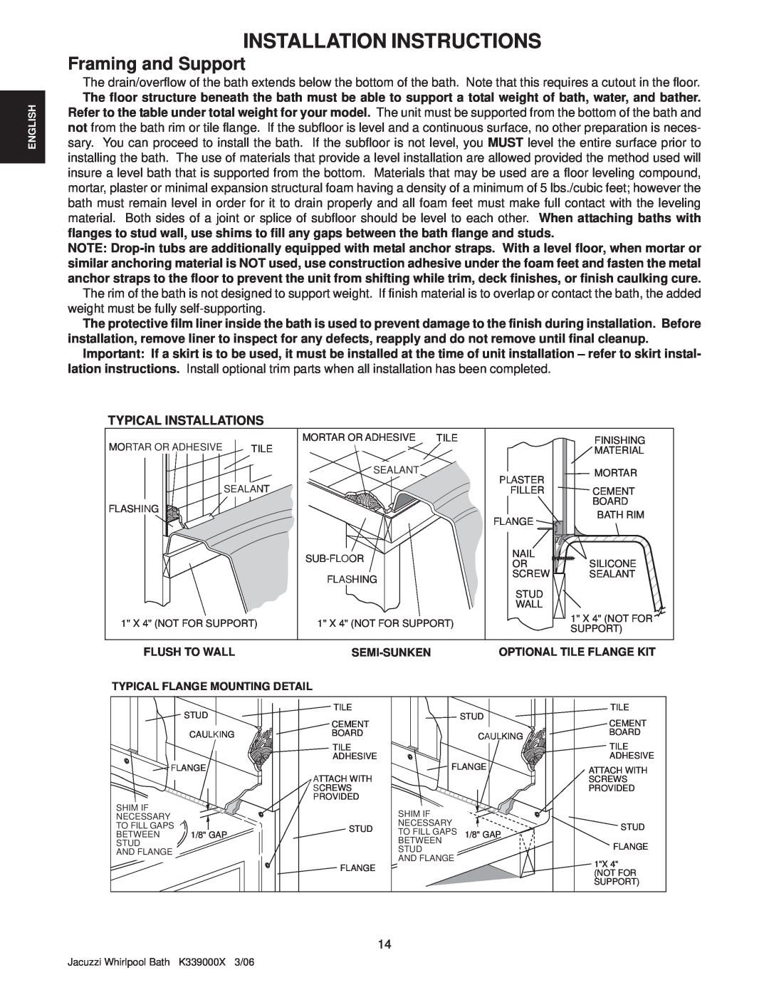 Jacuzzi K339000X manual Installation Instructions, Framing and Support, Typical Installations 
