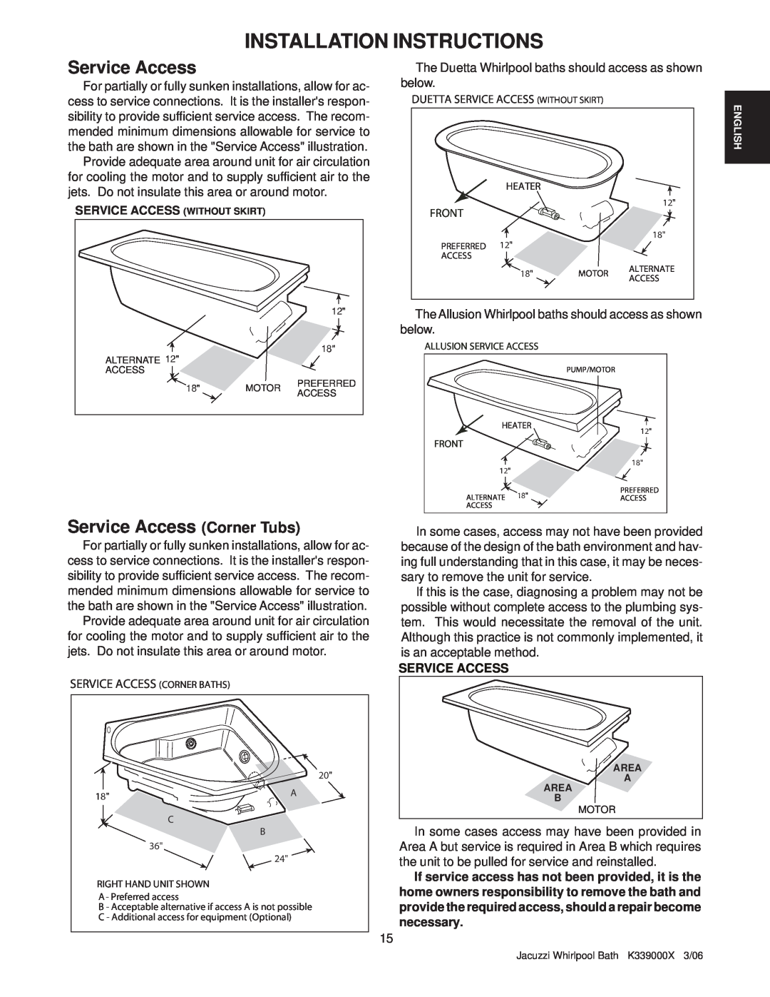 Jacuzzi K339000X manual Service Access Corner Tubs, Installation Instructions, Service Access Without Skirt 
