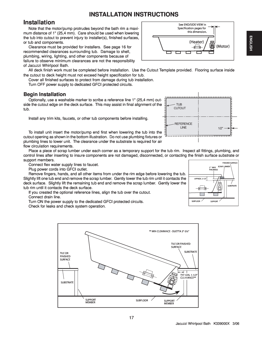 Jacuzzi K339000X manual Installation Instructions, Begin Installation, Heater, Motor 
