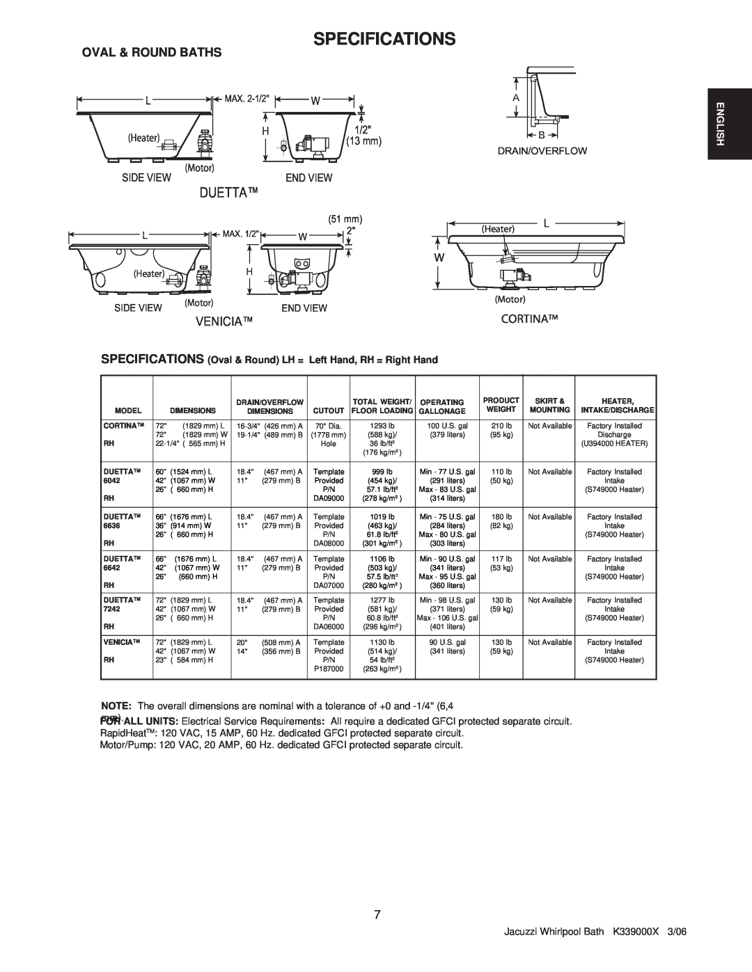 Jacuzzi K339000X manual Specifications, Cortina, Heater, Motor, SPECIFICATIONS Oval & Round LH = Left Hand, RH = Right Hand 