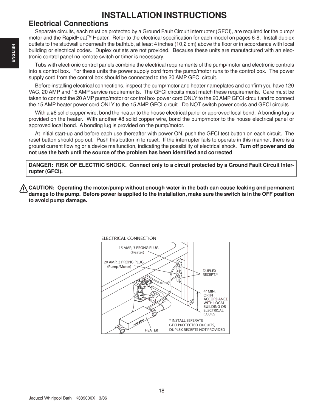 Jacuzzi LUXURY BATH SERIES, DESIGNER BATH SERIES manual Electrical Connections 