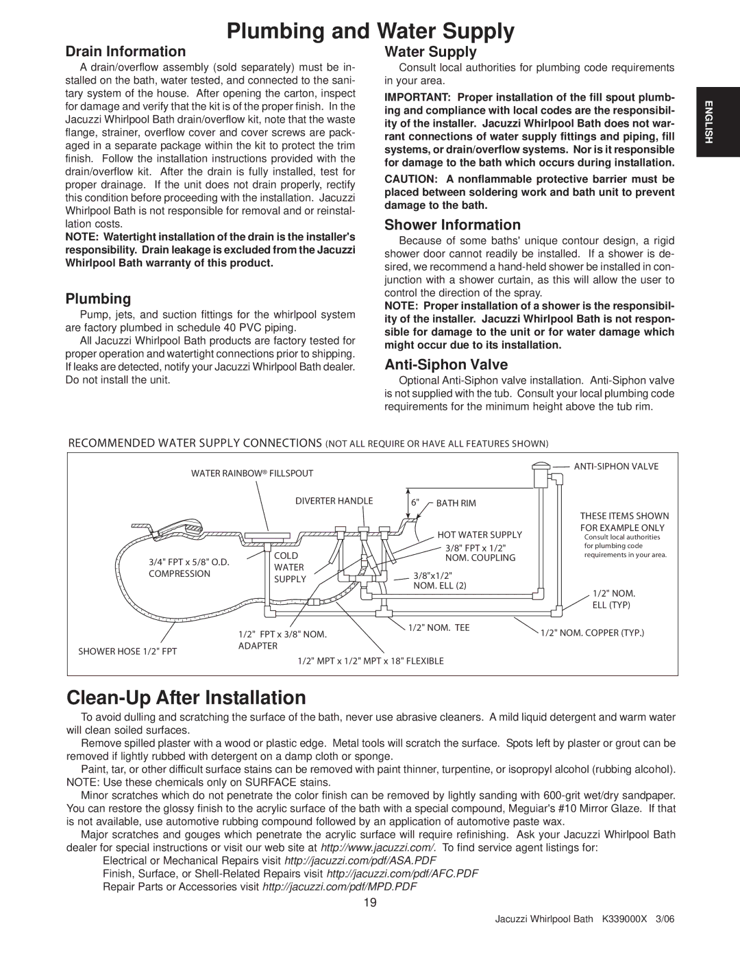 Jacuzzi DESIGNER BATH SERIES manual Drain Information, Plumbing, Water Supply, Shower Information, Anti-Siphon Valve 