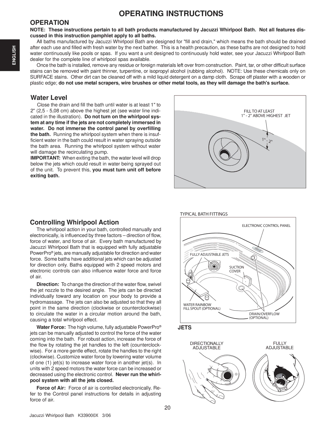 Jacuzzi LUXURY BATH SERIES, DESIGNER BATH SERIES manual Operating Instructions, Water Level, Controlling Whirlpool Action 