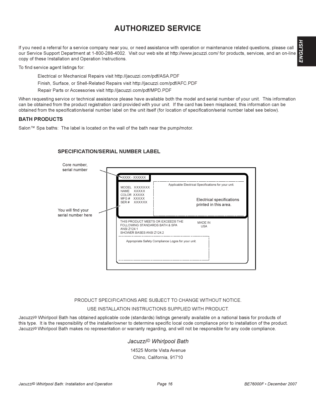 Jacuzzi LUXURY SERIES manual Authorized Service, Specification/serial number label 