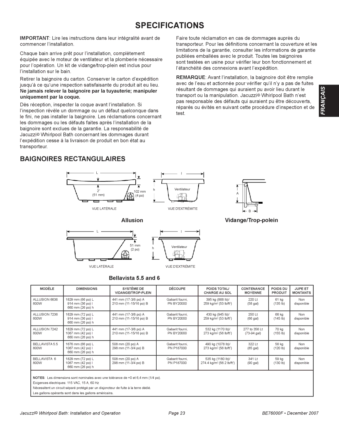 Jacuzzi LUXURY SERIES manual Specifications, Allusion Vidange/Trop-polein 