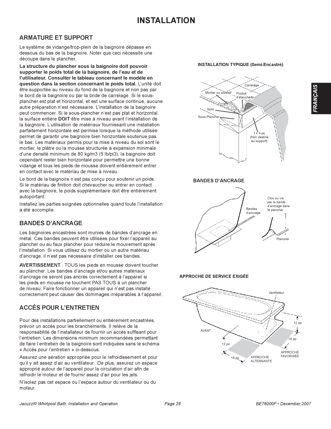 Jacuzzi LUXURY SERIES manual Armature et support, Bandes d’ancrage, Accès pour l’entretien 