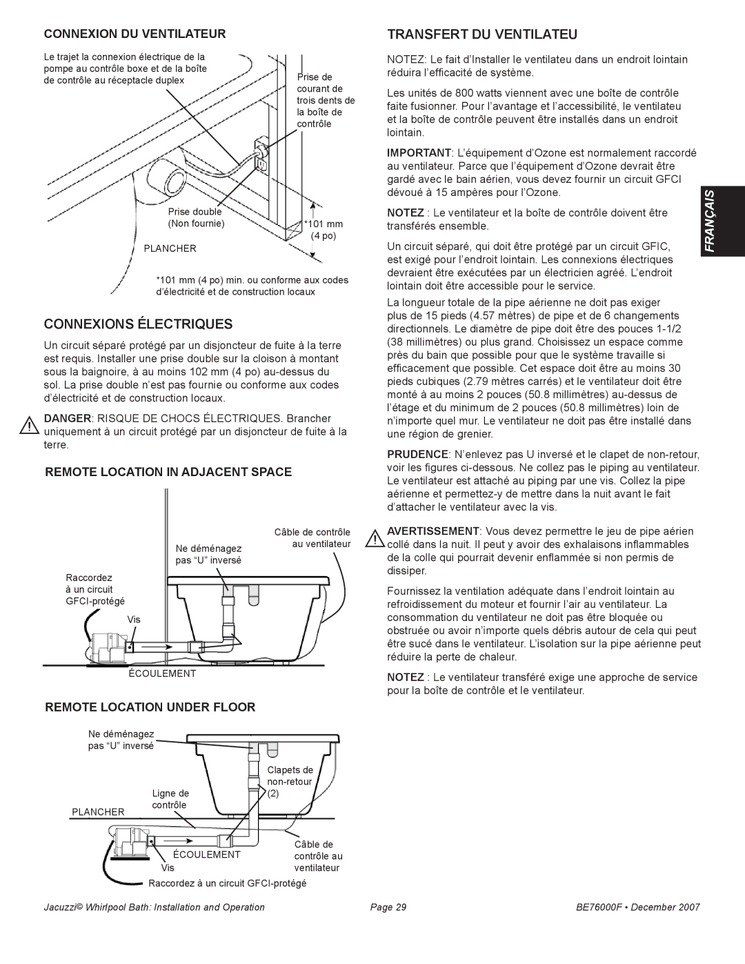 Jacuzzi LUXURY SERIES manual Transfert du Ventilateu, Connexions électriques, Connexion du Ventilateur 