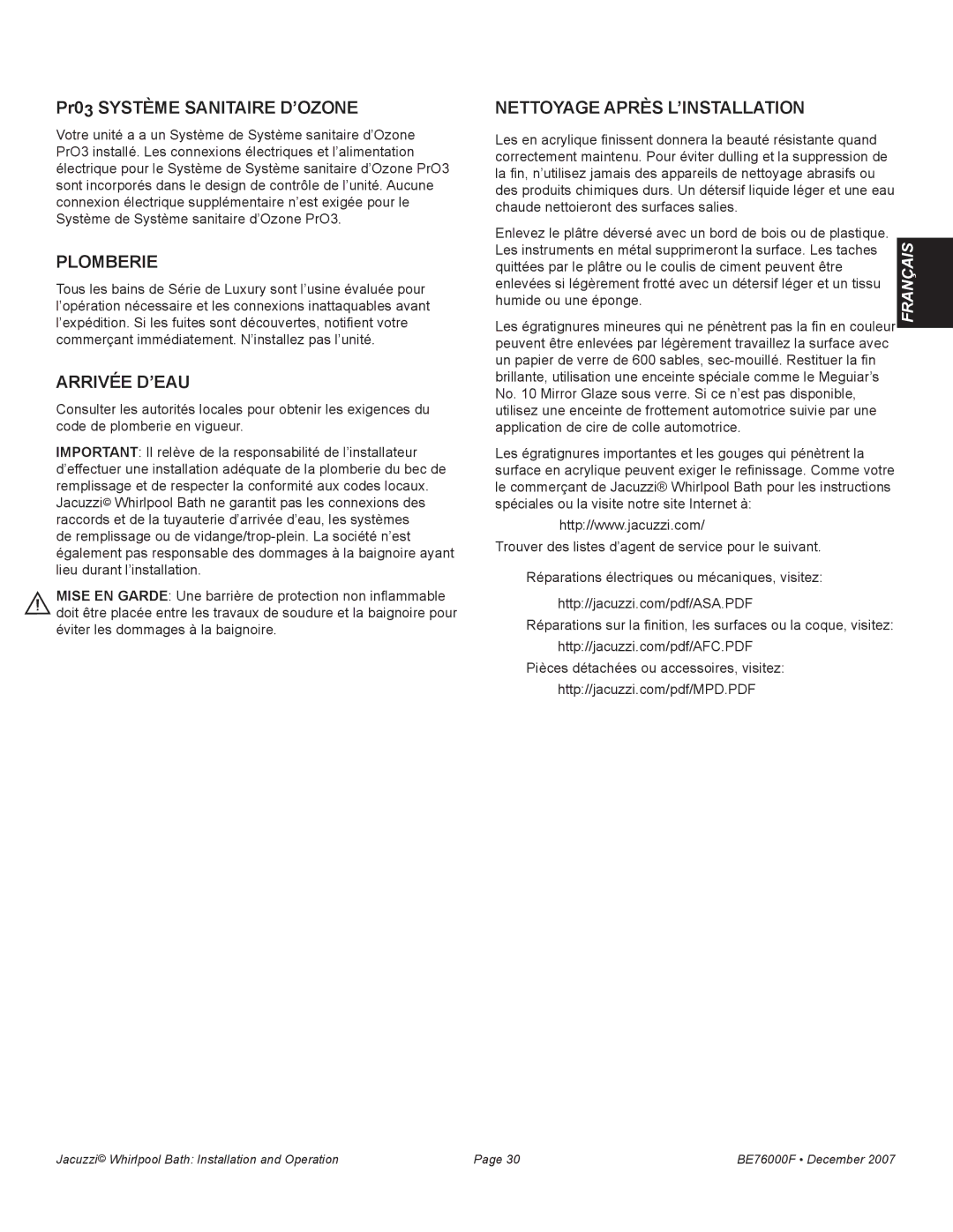 Jacuzzi LUXURY SERIES manual Pr03 Système sanitaire d’Ozone, Plomberie, Arrivée d’eau, Nettoyage Après l’Installation 