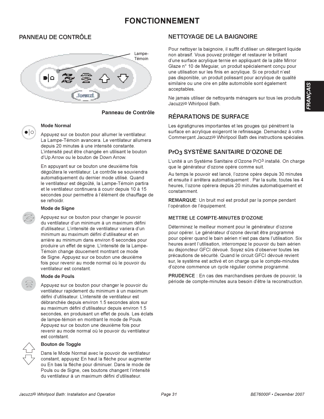 Jacuzzi LUXURY SERIES manual Panneau de Contrôle, Nettoyage de la Baignoire, Réparations de Surface 