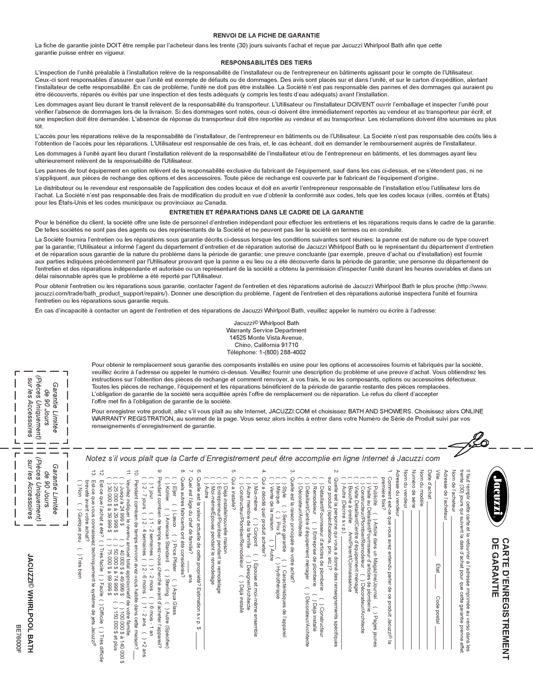 Jacuzzi LUXURY SERIES manual Isgremen D’enret Car iet deGaran, Renvoi DE LA Fiche DE Garantie 