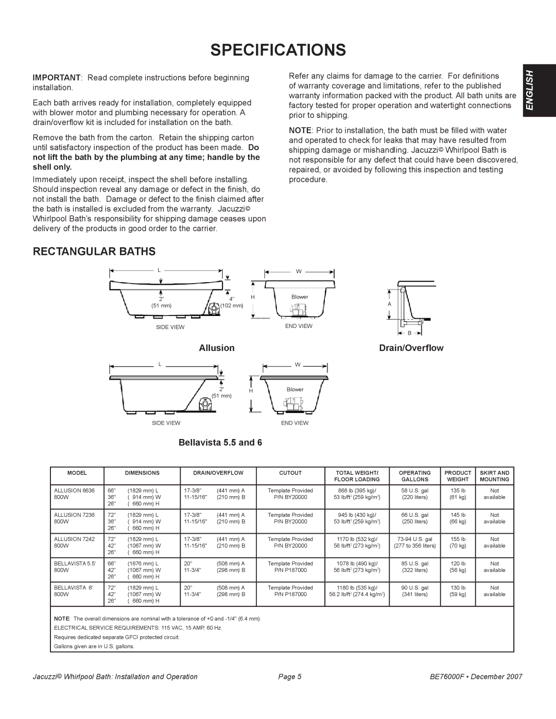 Jacuzzi LUXURY SERIES manual Allusion Drain/Overflow, Bellavista 5.5 