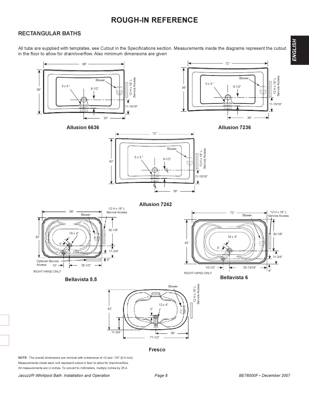 Jacuzzi LUXURY SERIES manual ROUGH-IN Reference, Rectangular Baths, Allusion, Bellavista 