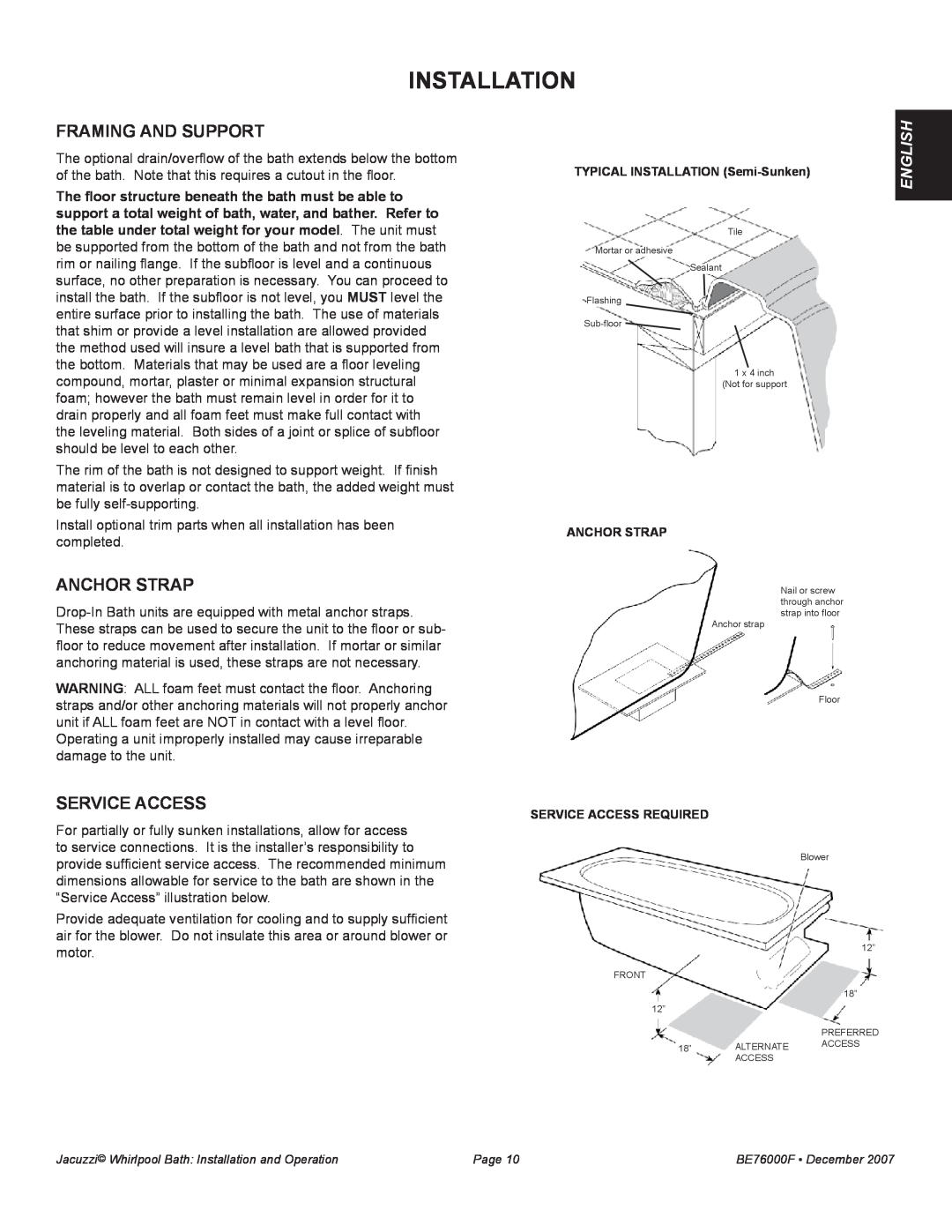 Jacuzzi LUXURY SERIES manual Installation, Framing and Support, Anchor Strap, Service Access, English 