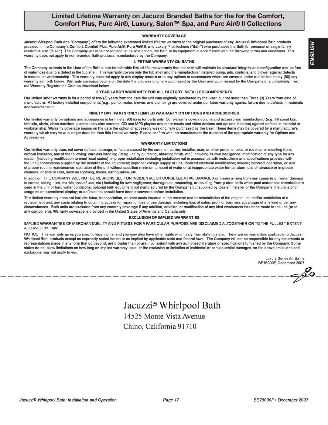 Jacuzzi LUXURY SERIES manual Jacuzzi Whirlpool Bath, Monte Vista Avenue Chino, California, English, Page, BE76000F December 