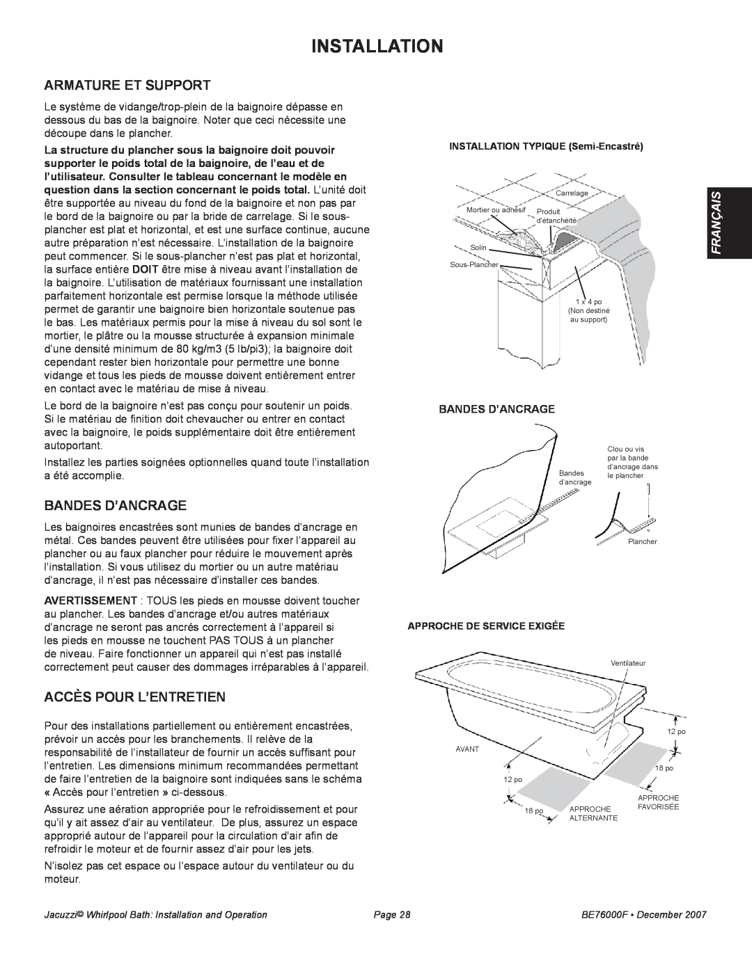 Jacuzzi LUXURY SERIES manual Armature et support, bandes d’ancrage, Accès pour l’entretien, Installation, Français 