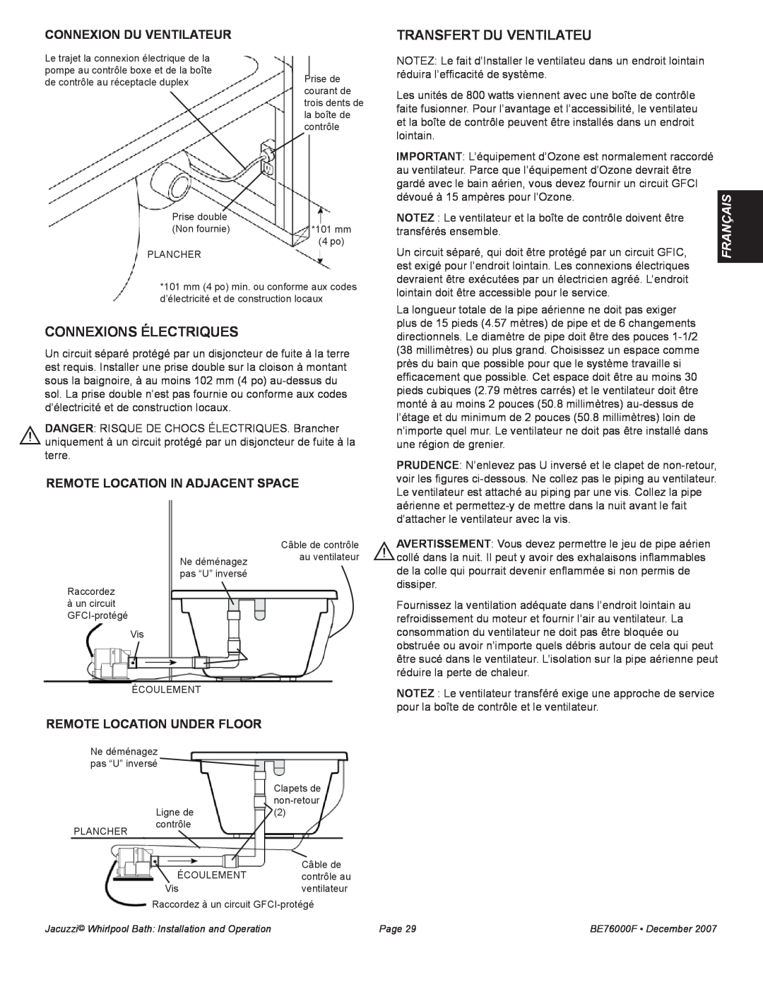 Jacuzzi LUXURY SERIES manual Transfert du Ventilateu, Connexions électriques, connexion du VENTILATEUR, Français 