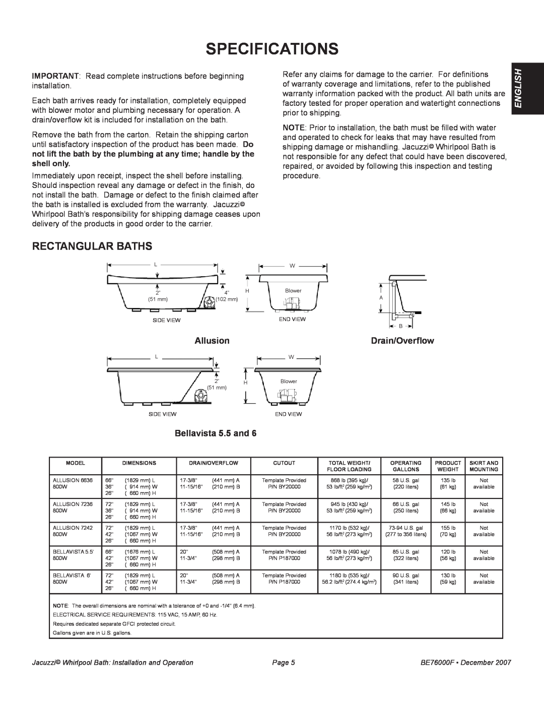 Jacuzzi LUXURY SERIES manual Specifications, Rectangular Baths, Allusion, Drain/Overflow, Bellavista 5.5 and, English 