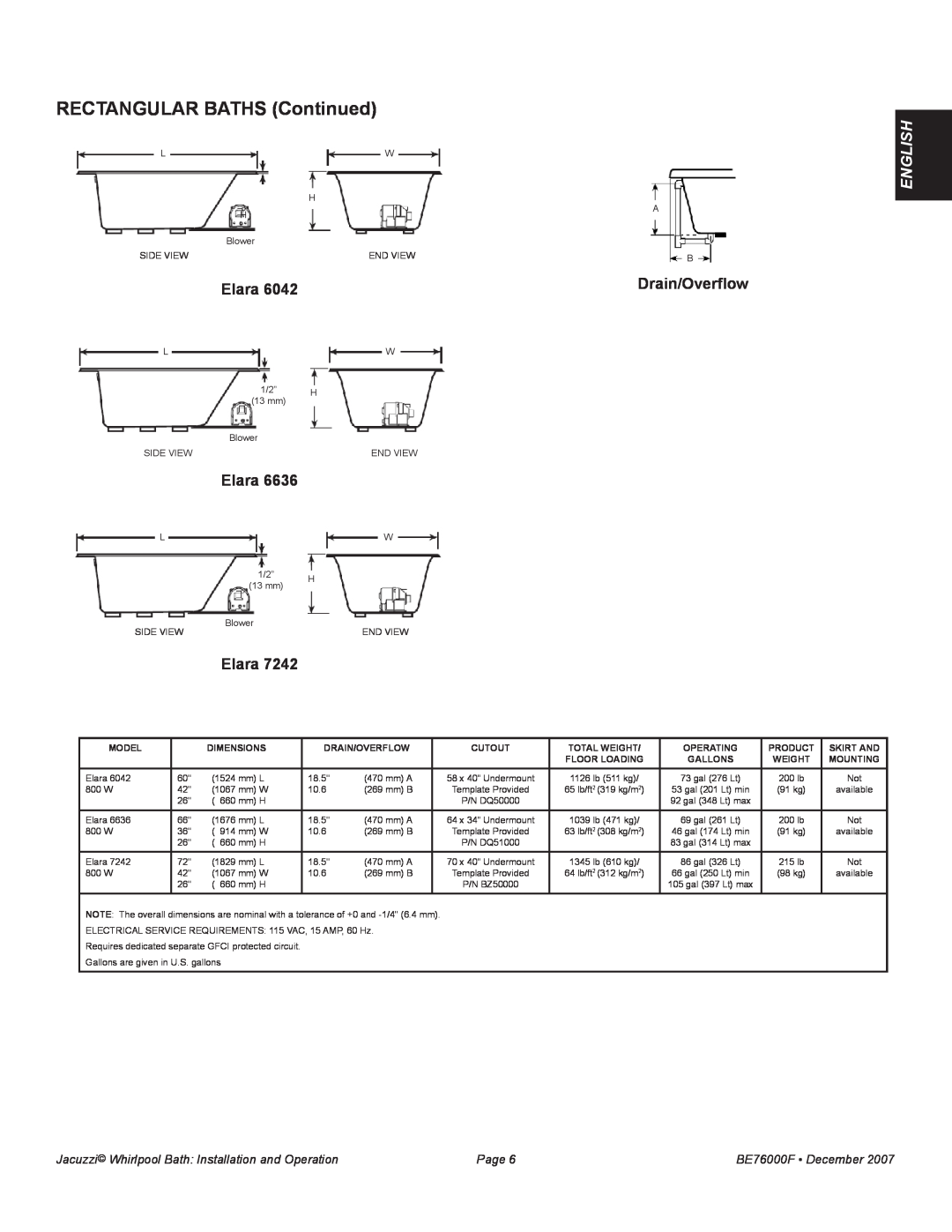 Jacuzzi LUXURY SERIES manual Rectangular Baths Continued, Elara, English, Drain/Overflow, Page, BE76000F December 