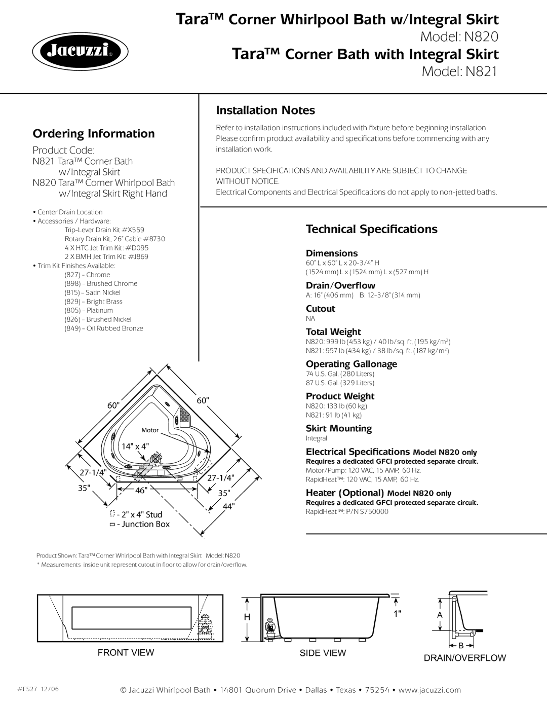 Jacuzzi N820 dimensions Ordering Information, Installation Notes, Technical Specifications 