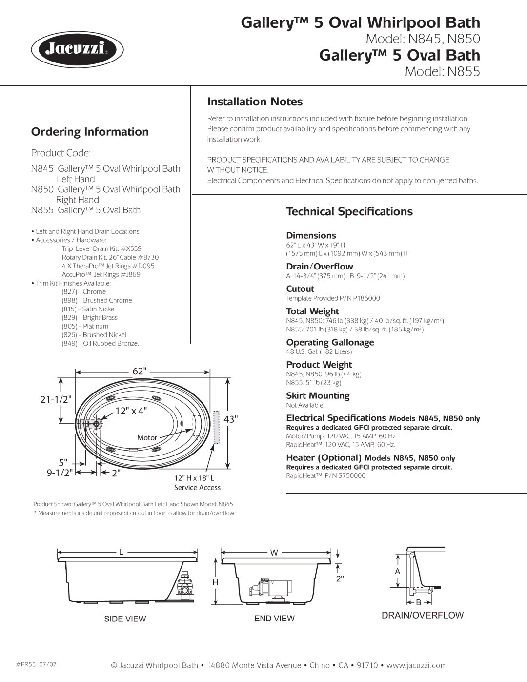 Jacuzzi N845-LH, N855, N850-RH dimensions Ordering Information, Installation Notes, Technical Speciﬁcations 