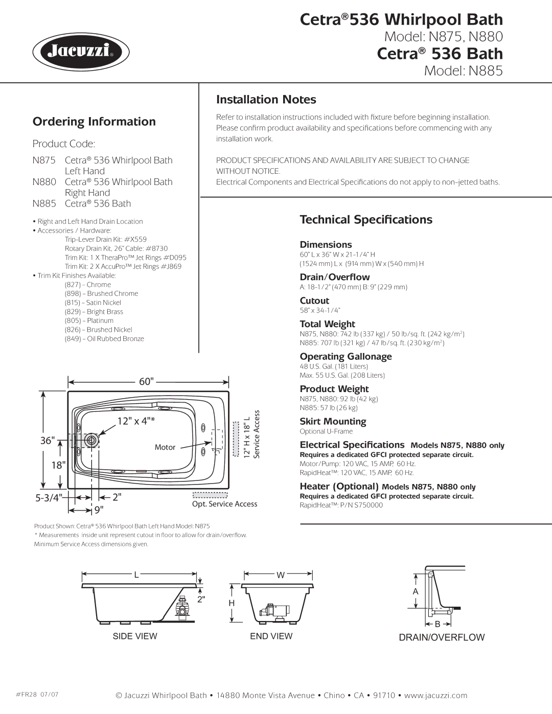 Jacuzzi N875-LH, N880-RH, N885, 536 dimensions Ordering Information, Installation Notes, Technical Speciﬁcations, 12 x, 4 2 