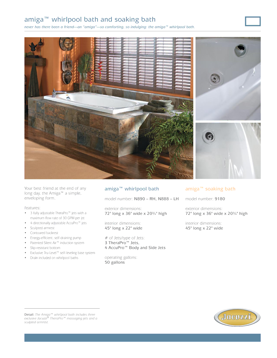 Jacuzzi N888-LH, N890-RH, 9180 dimensions Amiga whirlpool bath and soaking bath 