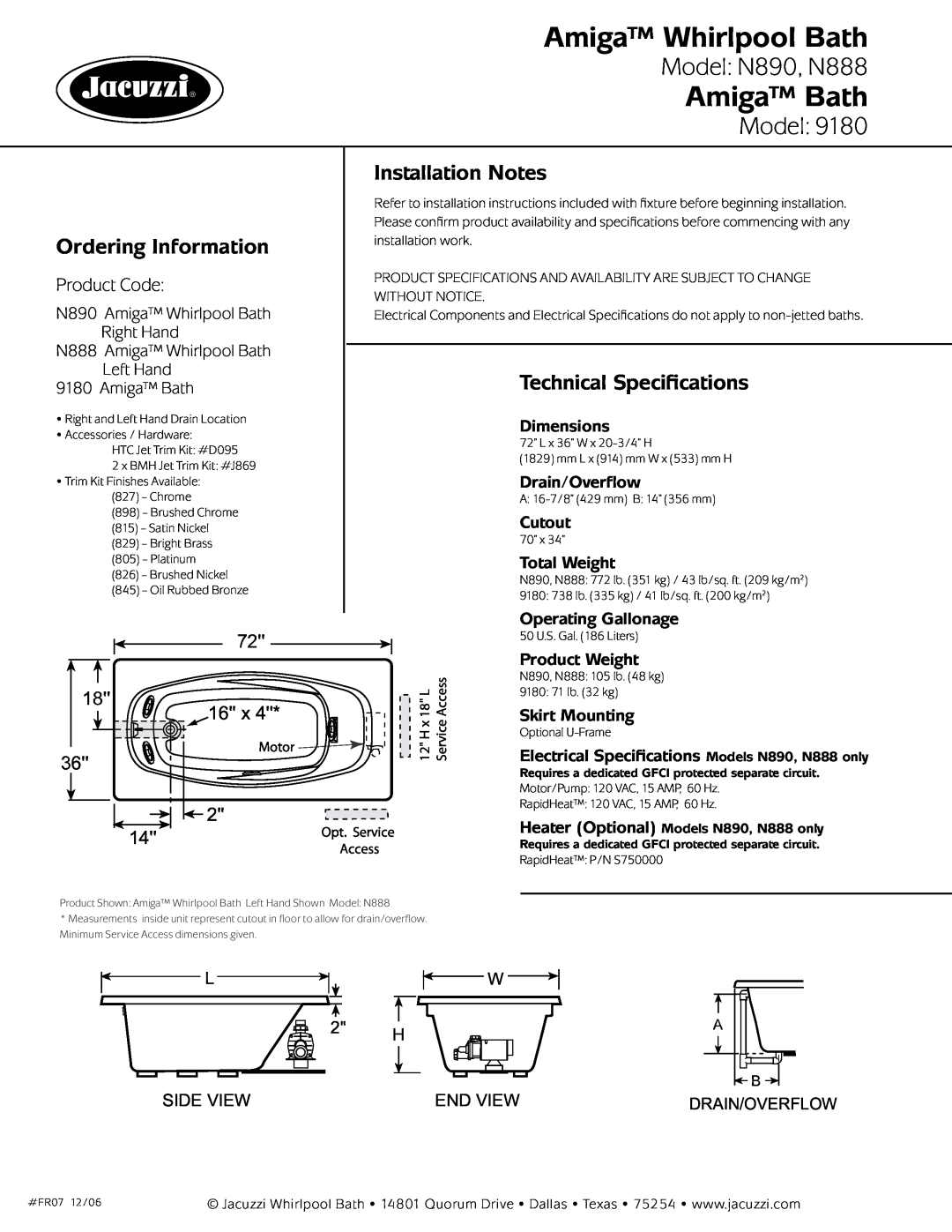 Jacuzzi 9180 Amiga Whirlpool Bath, Amiga Bath, Model N890, N888, Ordering Information, Installation Notes, Product Code 