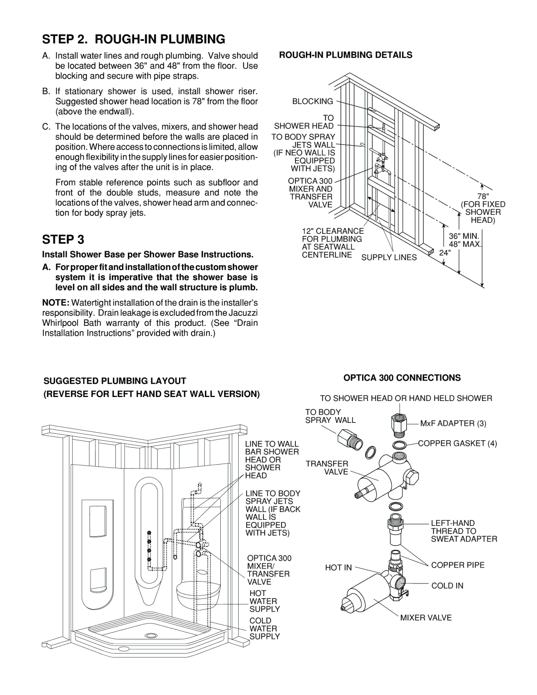 Jacuzzi Neo Angle Shower System installation instructions Step, ROUGH-IN Plumbing Details 