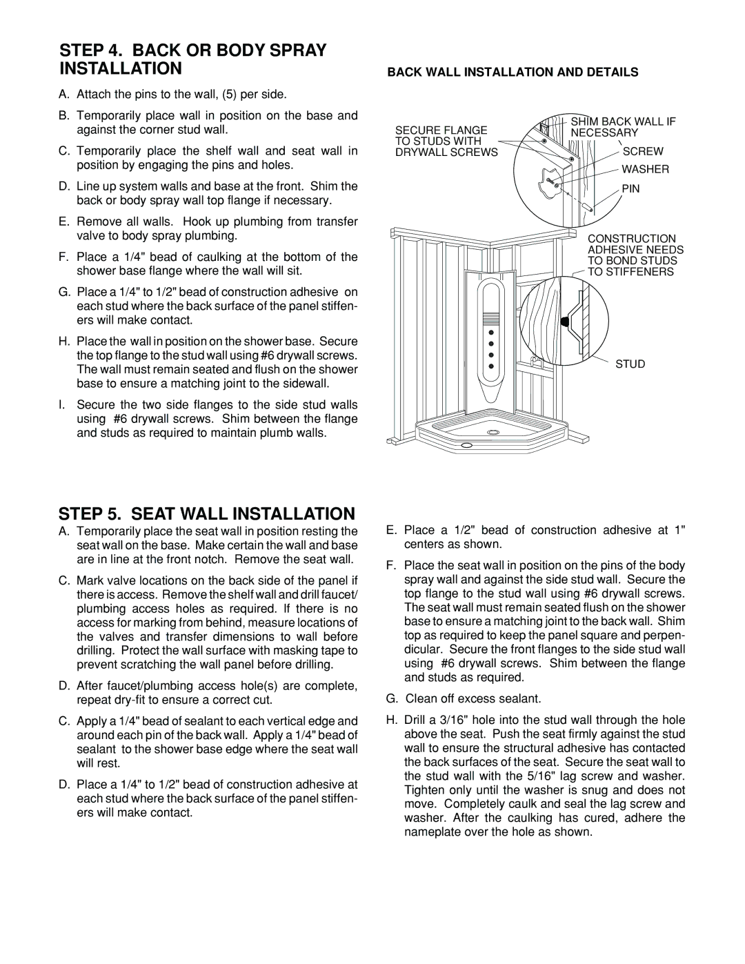 Jacuzzi Neo Angle Shower System installation instructions Back or Body Spray Installation, Seat Wall Installation 