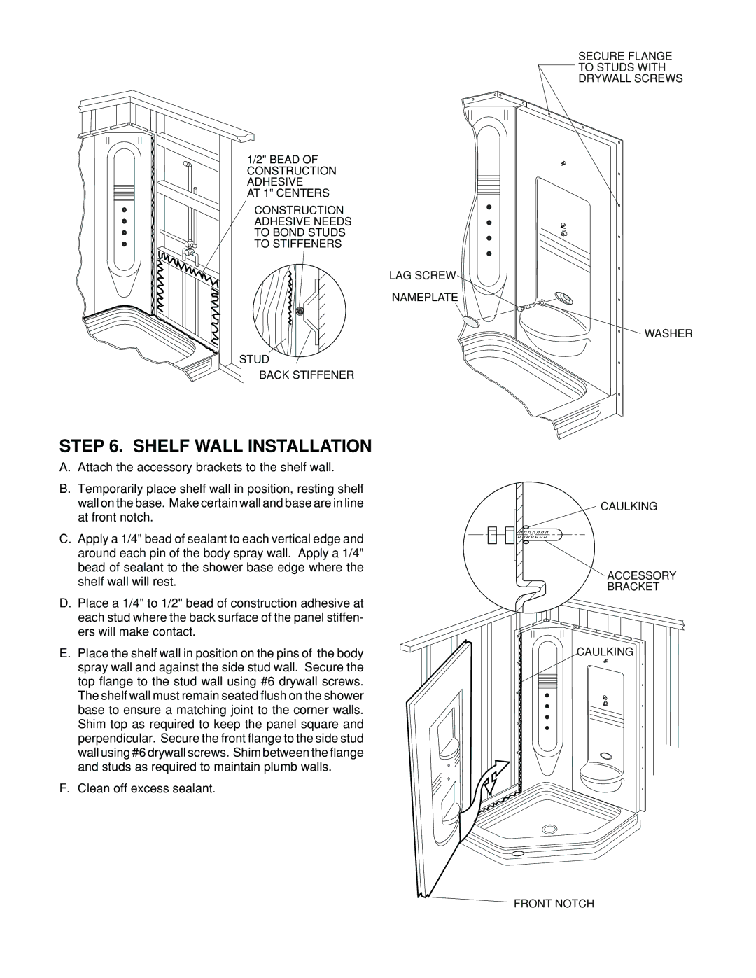 Jacuzzi Neo Angle Shower System installation instructions Shelf Wall Installation 