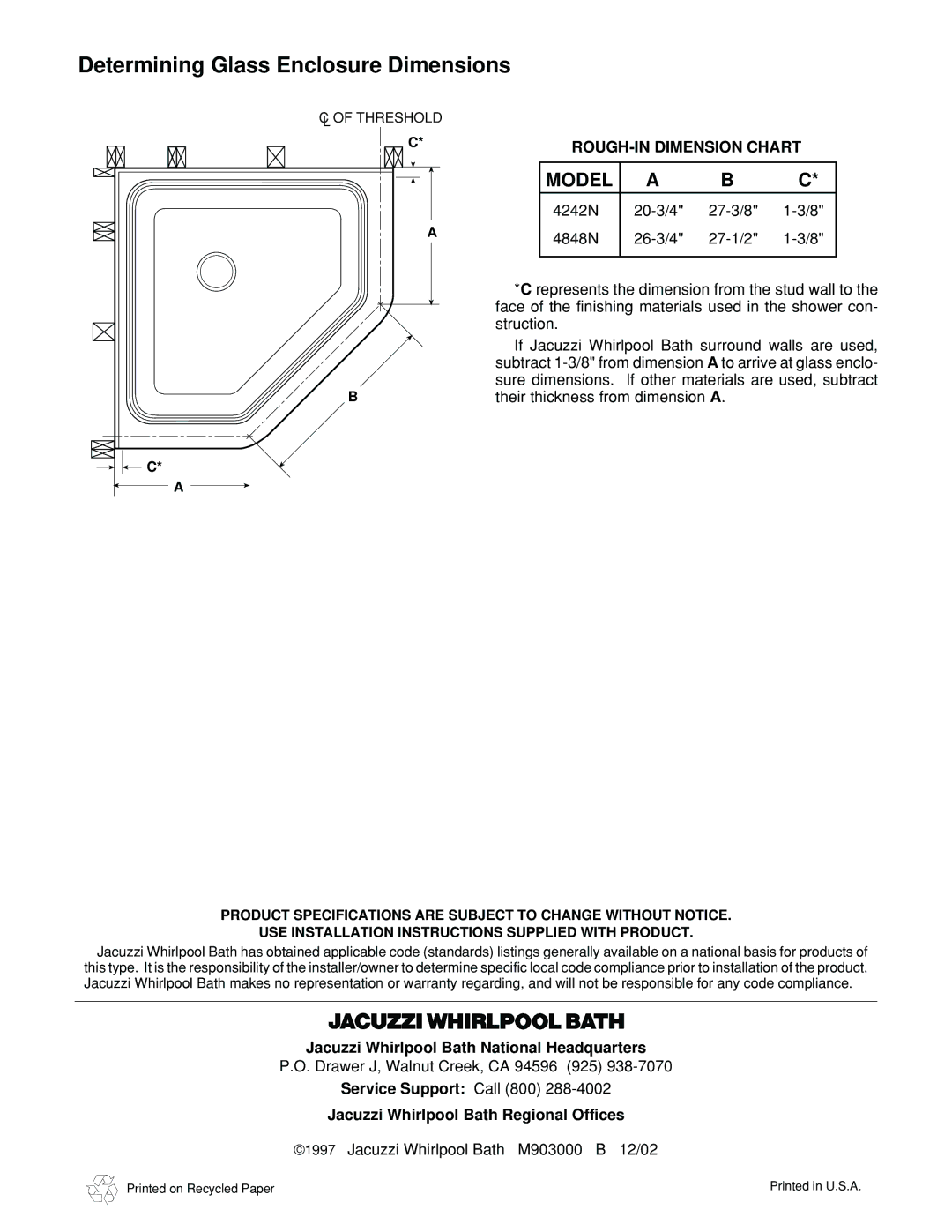 Jacuzzi Neo Angle Shower System installation instructions Determining Glass Enclosure Dimensions, ROUGH-IN Dimension Chart 