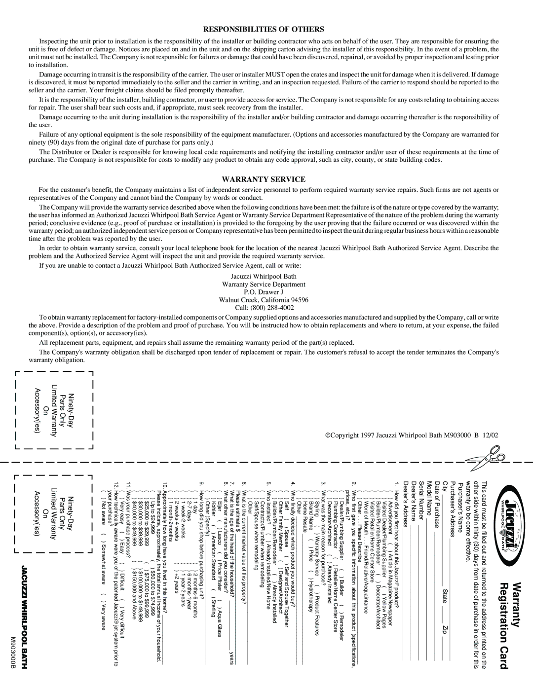 Jacuzzi Neo Angle Shower System installation instructions Responsibilities of Others, Warranty Service 