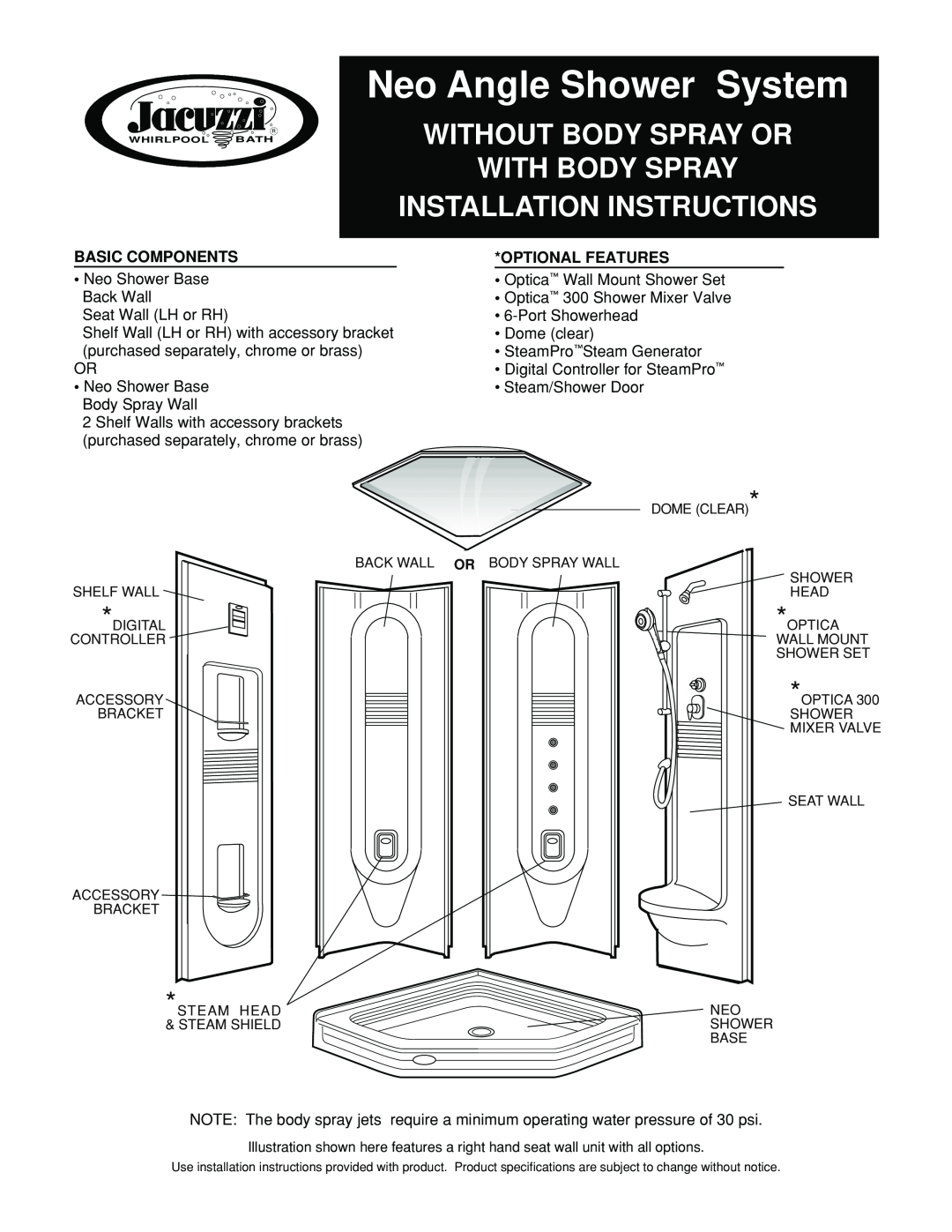 Jacuzzi Neo Angle Shower System installation instructions Basic Components, Optional Features 