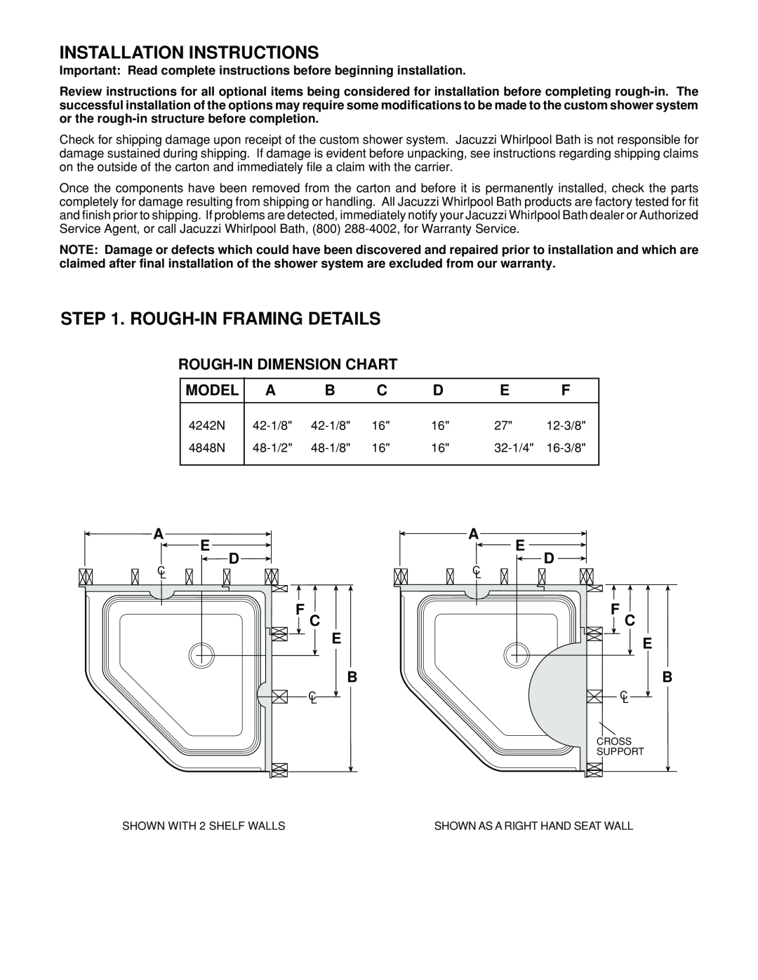 Jacuzzi Neo Angle Shower System Installation Instructions, Rough-In Framing Details, Rough-In Dimension Chart, Model 