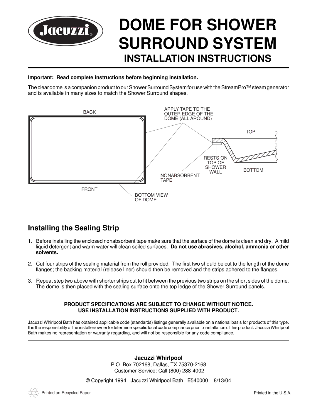 Jacuzzi None installation instructions Dome for Shower Surround System, Installation Instructions, Jacuzzi Whirlpool 