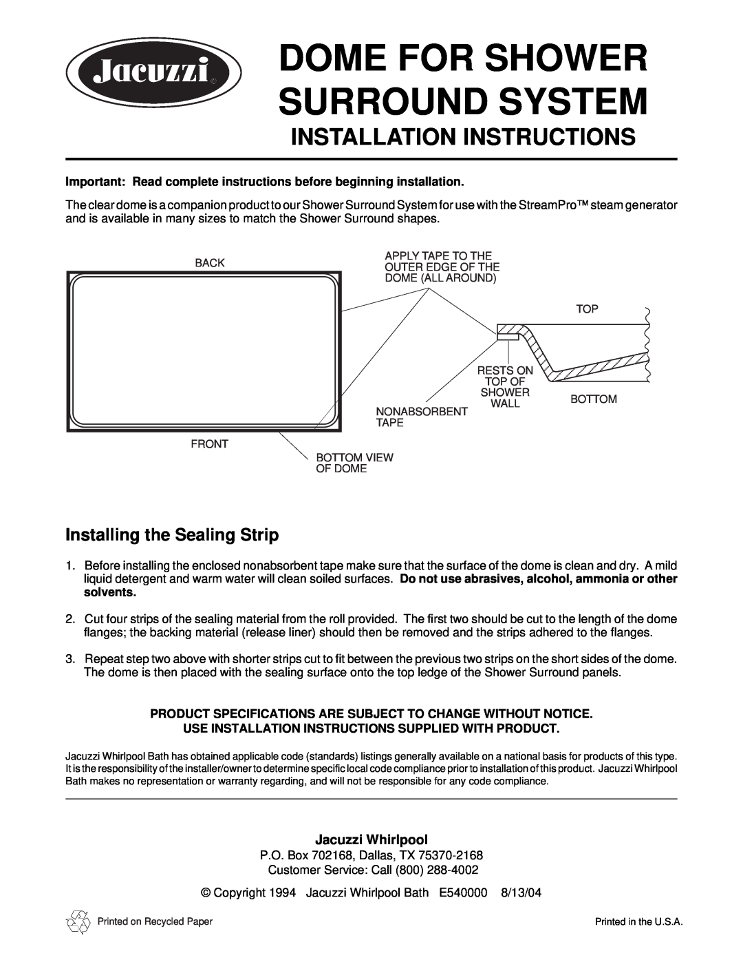 Jacuzzi None installation instructions Dome For Shower Surround System, Installation Instructions, Jacuzzi Whirlpool 
