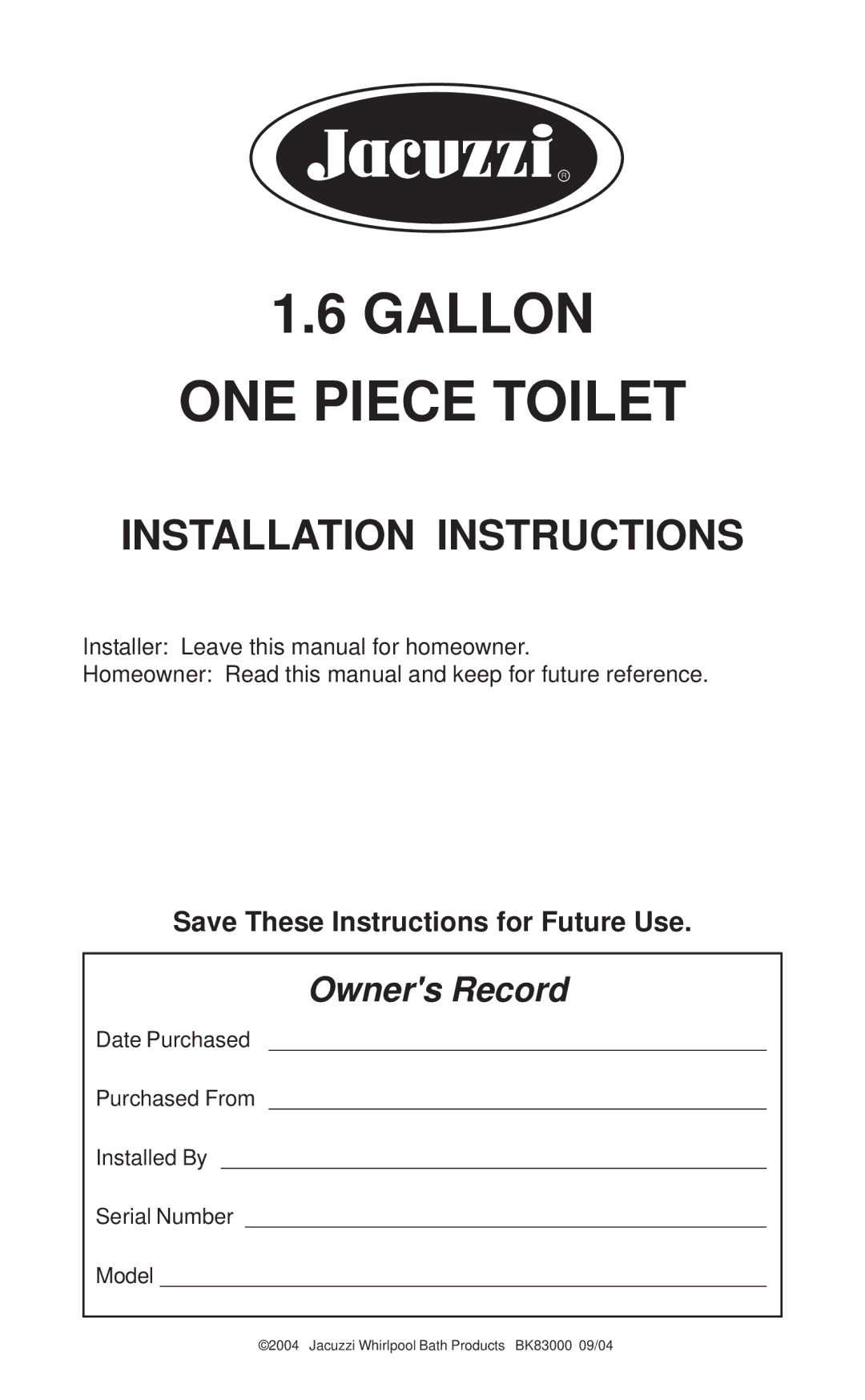 Jacuzzi Plumbing Product manual Gallon ONE Piece Toilet 