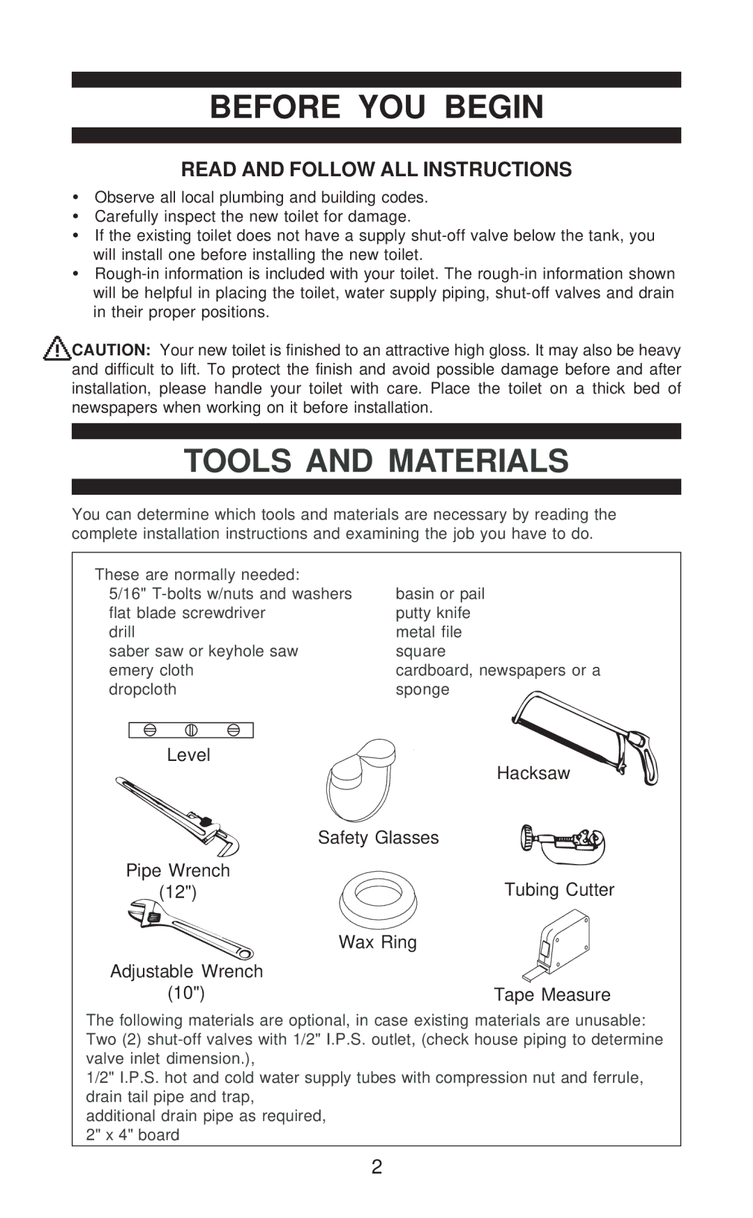 Jacuzzi Plumbing Product manual Tools and Materials, Read and Follow ALL Instructions 