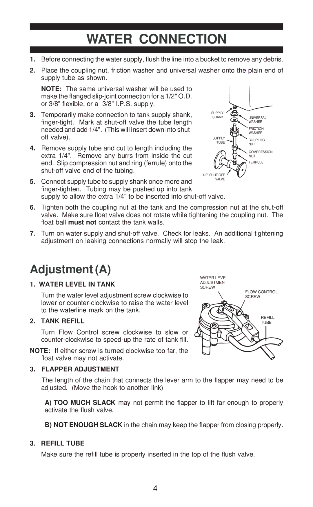 Jacuzzi Plumbing Product manual Water Connection, Adjustment a 