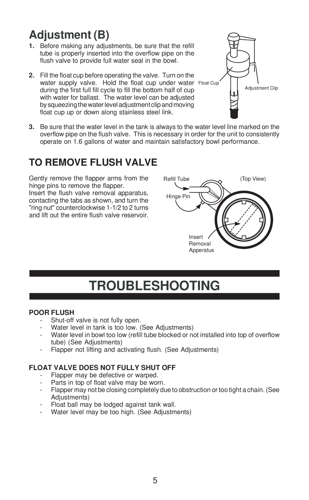 Jacuzzi Plumbing Product manual Troubleshooting, Adjustment B, Poor Flush, Float Valve does not Fully Shut OFF 