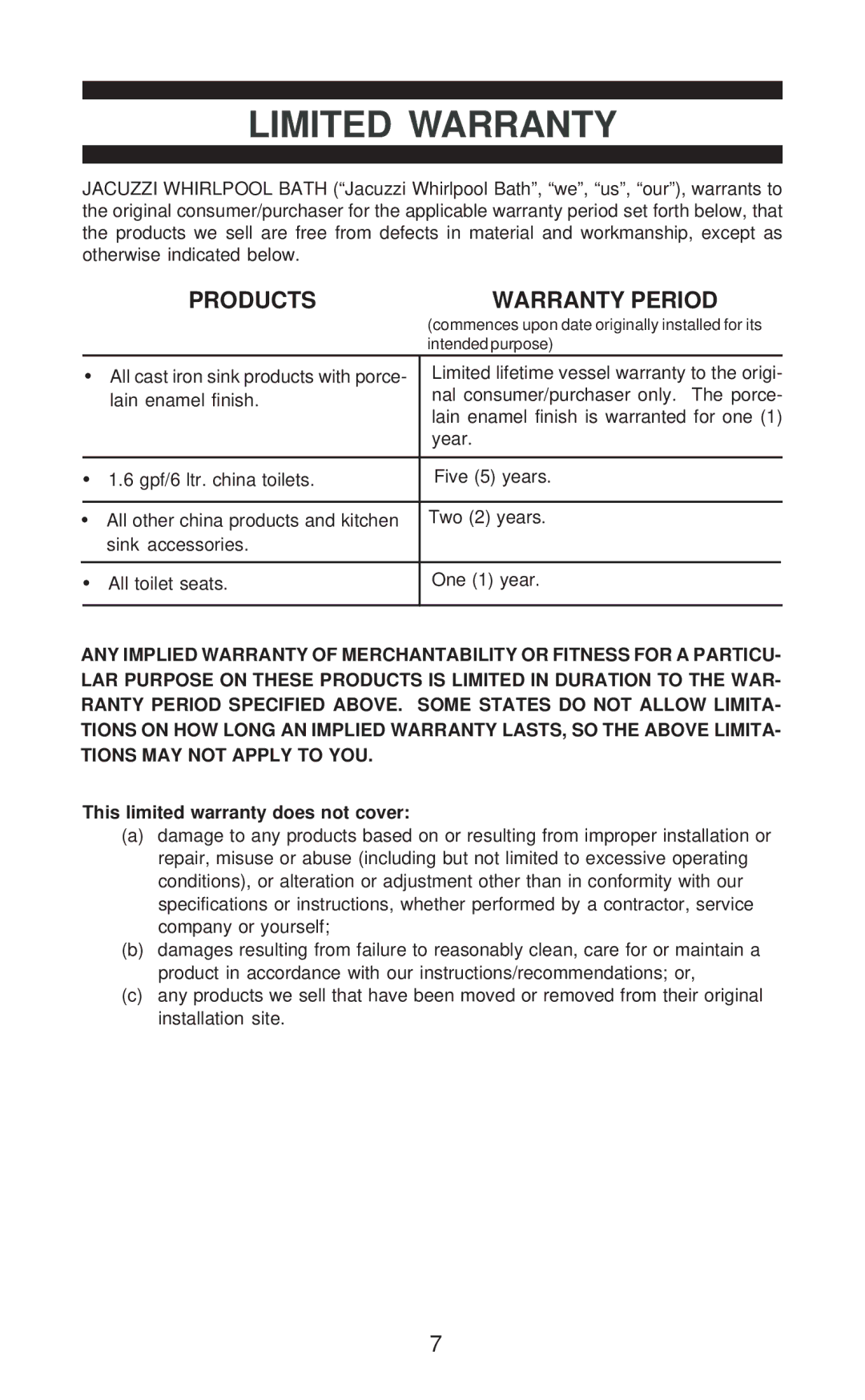 Jacuzzi Plumbing Product manual Limited Warranty, Products Warranty Period 